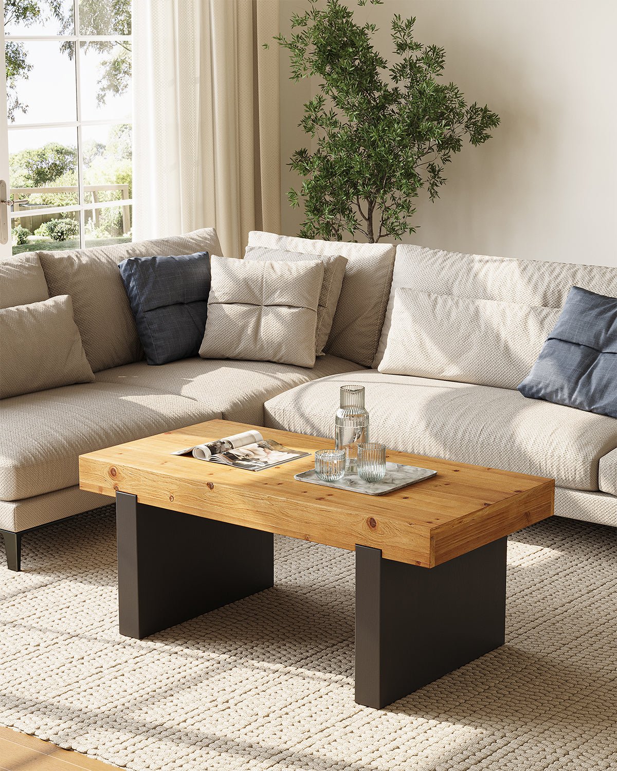 Rectangle Solid Wood Coffee Table, 47.2" Two-Tone Center Table for Living Room