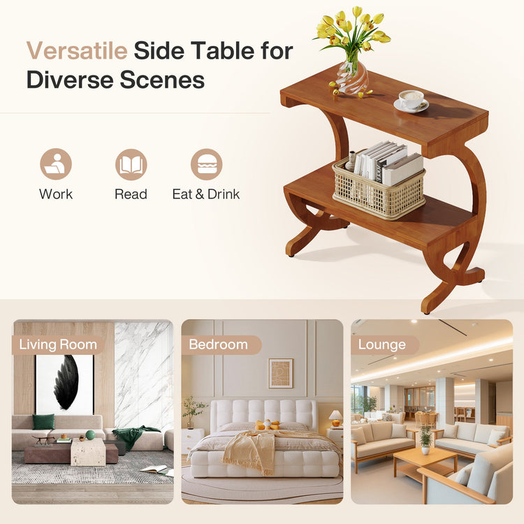 Solid Wood End Table, Narrow 2-Tier Side Table with Storage Shelf