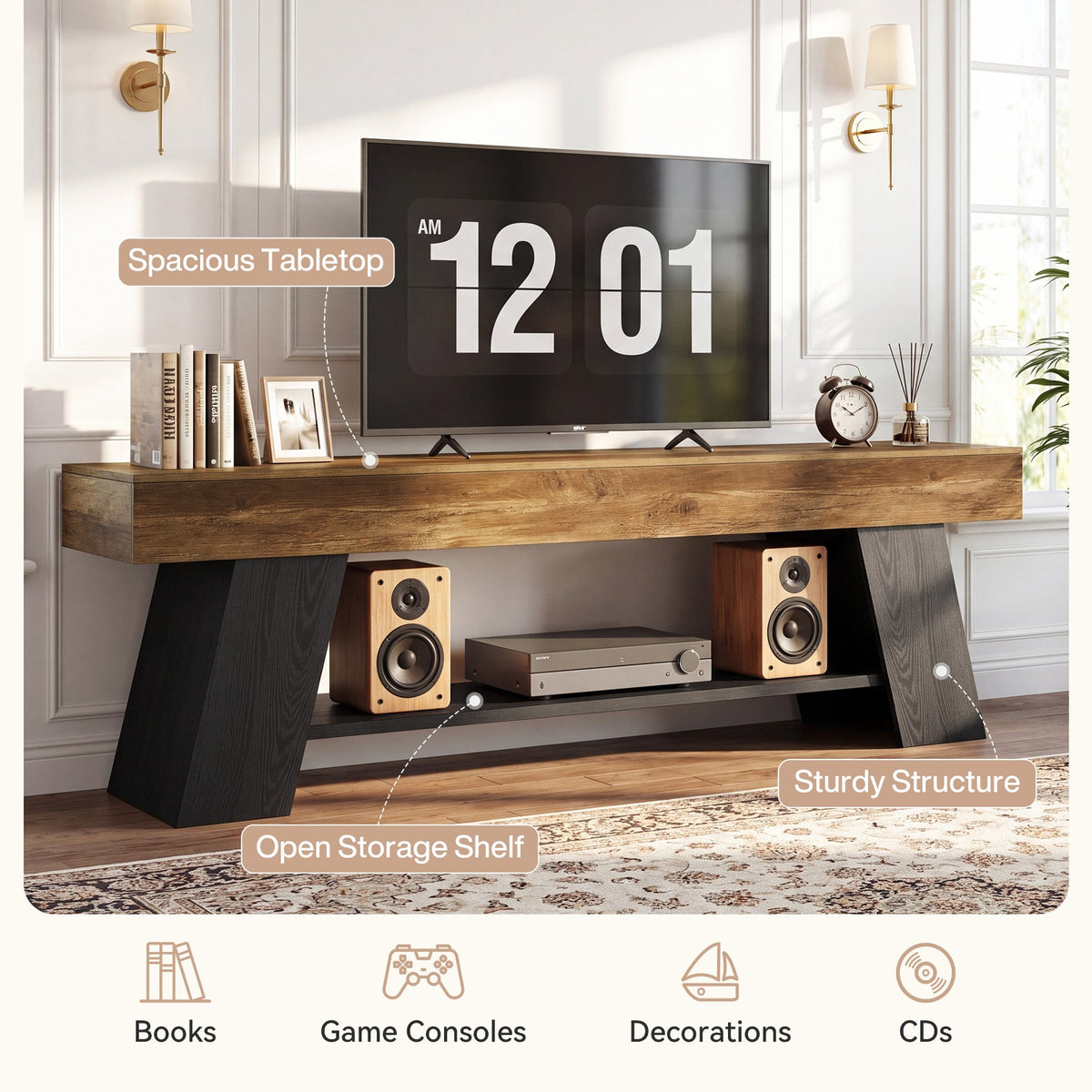 63" TV Stand for 55/65/70 Inch TVs, Industrial Media Console with Open Storage Shelf