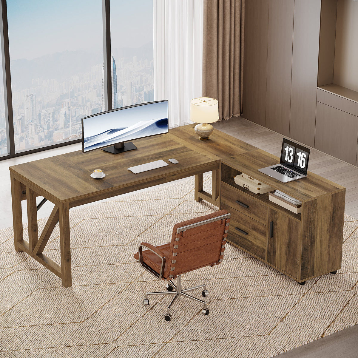 L-Shaped Executive Desk, 63" Computer Desk with Drawer Cabinet