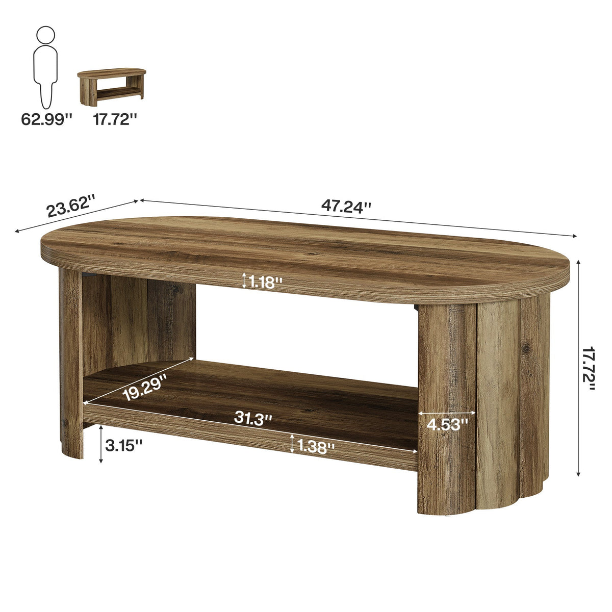 47.24" Oval Coffee Table, 2-Tier Accent Center Table with Storage Shelf for Living Room