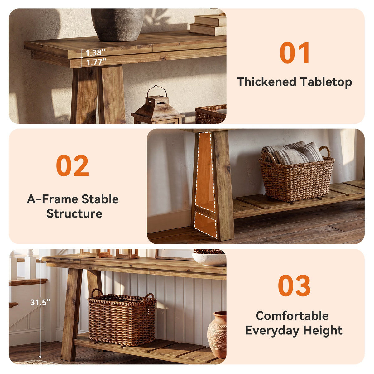 79" Solid Wood Console Table, Long Farmhouse Entryway Table with 2-Tier Storage Shelf