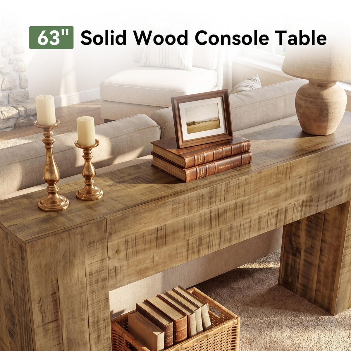 Solid Wood Console Table, 63" Farmhouse Sofa Table Behind Couch for Entryway