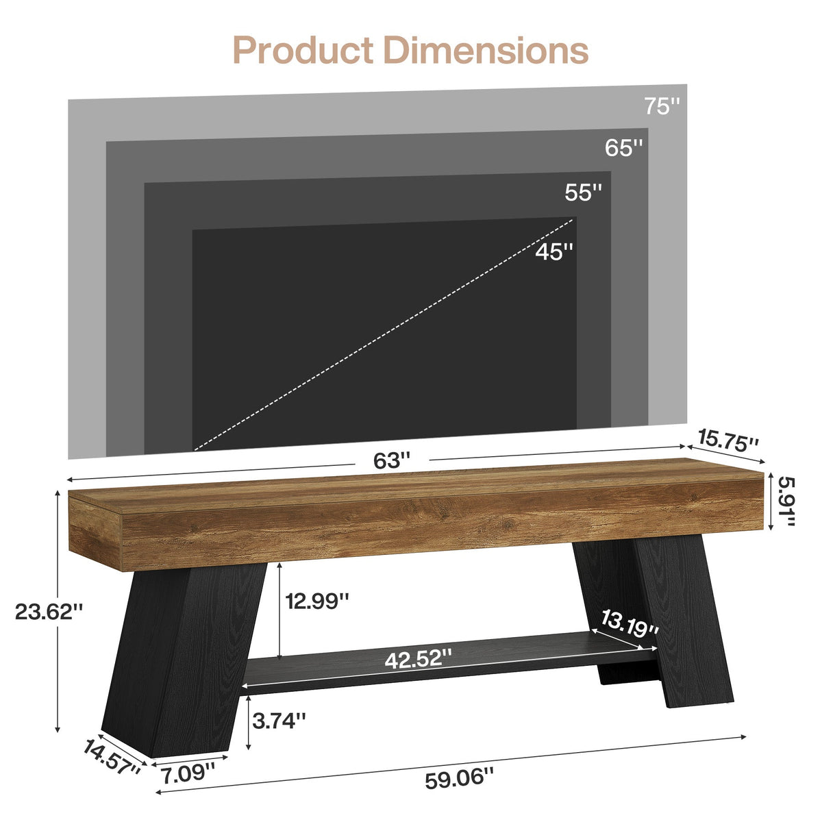 63" TV Stand for 55/65/70 Inch TVs, Industrial Media Console with Open Storage Shelf