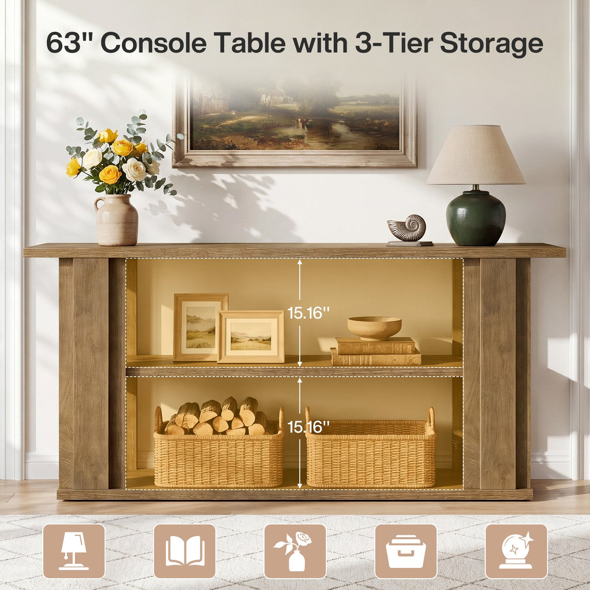 63" Farmhouse Console Table, Narrow Entryway Sofa Table with 3-Tier Storage Shelves