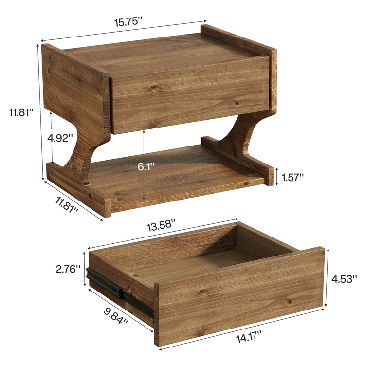15.7" Nightstand, Wood Floating Bedside Table with Drawer and Storage Shelf