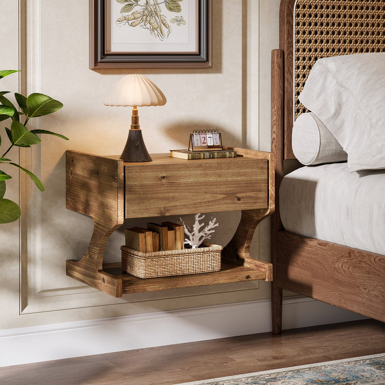 15.7" Nightstand, Wood Floating Bedside Table with Drawer and Storage Shelf
