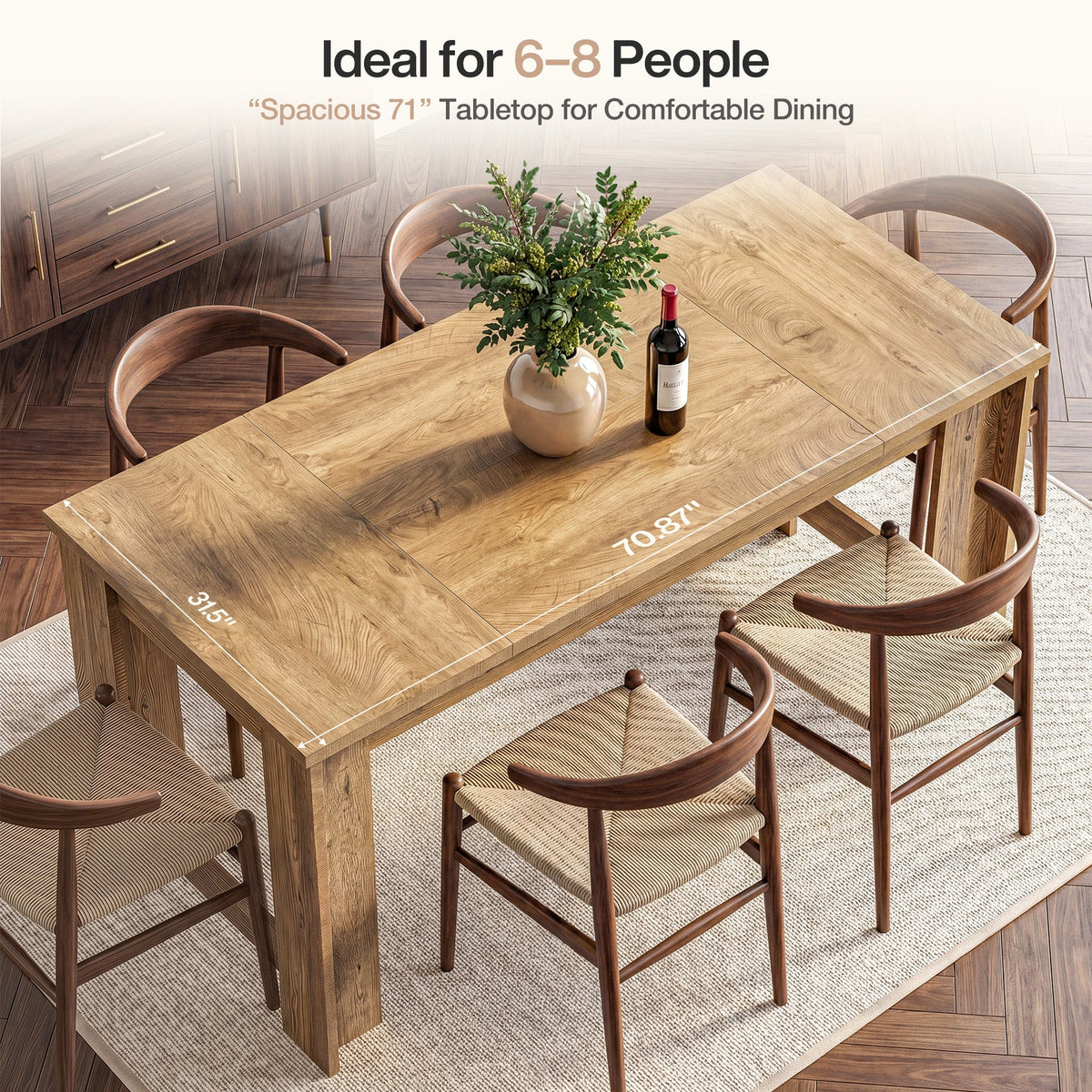 70.8" Dining Table for 6–8, Farmhouse Kitchen Table with Panel Legs for Dining Room