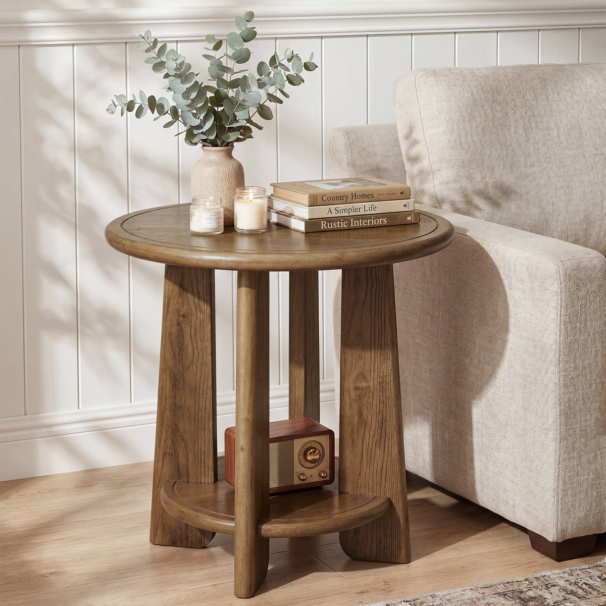 Round Solid Wood End Table, 2-Tier Side Table Nightstand with Shelf for Small Space