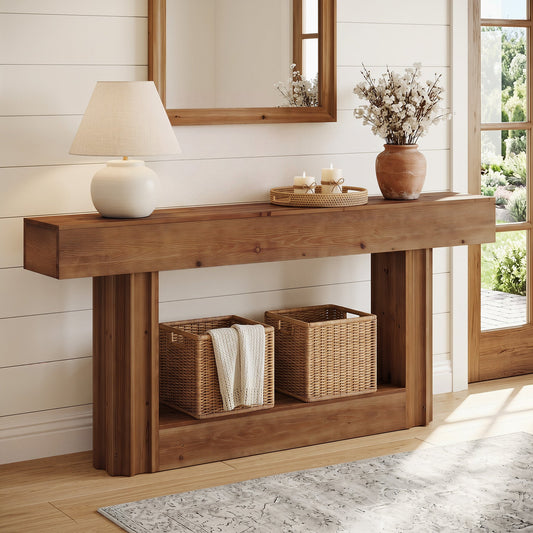 63" Solid Wood Console Table, 2-Tier Farmhouse Sofa Entryway Table with Shelf