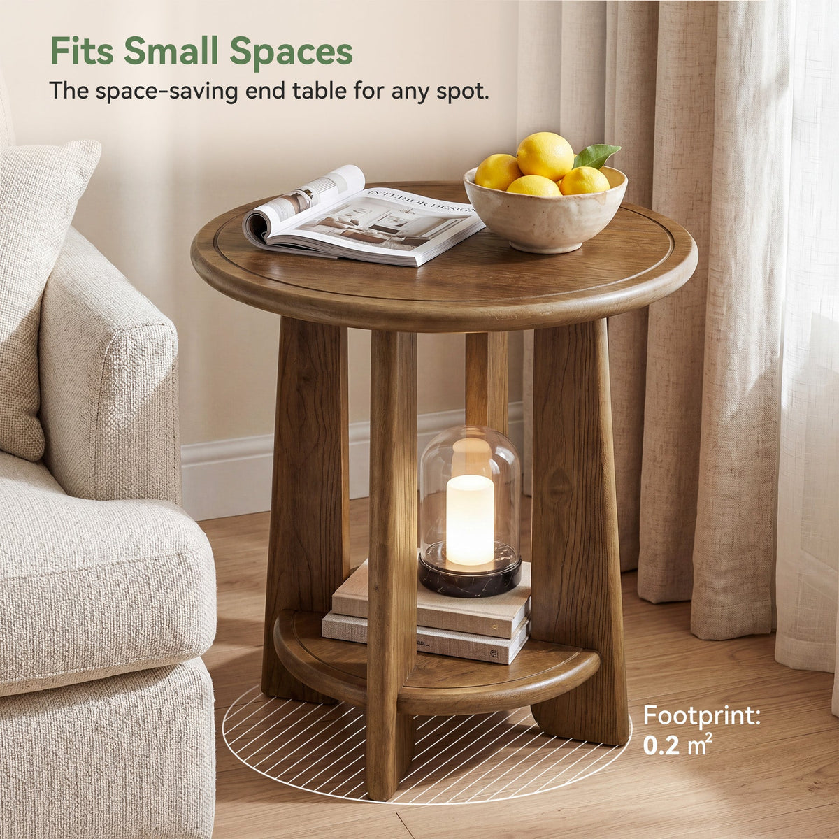 Round Solid Wood End Table, 2-Tier Side Table Nightstand with Shelf for Small Space