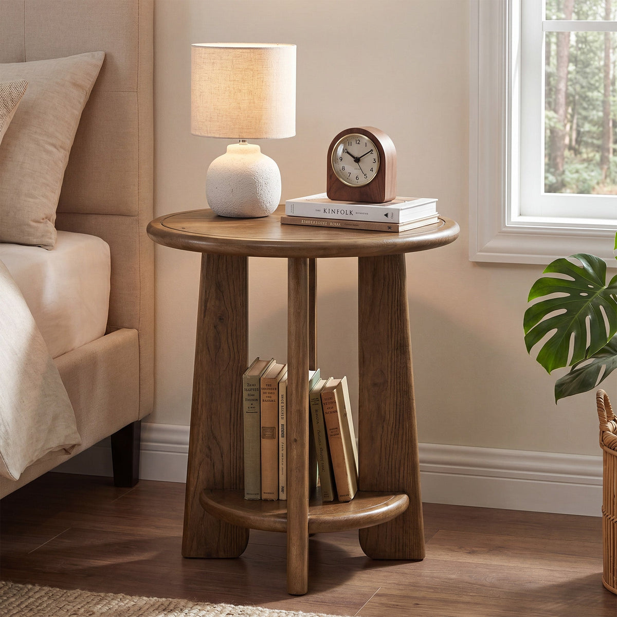 Round Solid Wood End Table, 2-Tier Side Table Nightstand with Shelf for Small Space