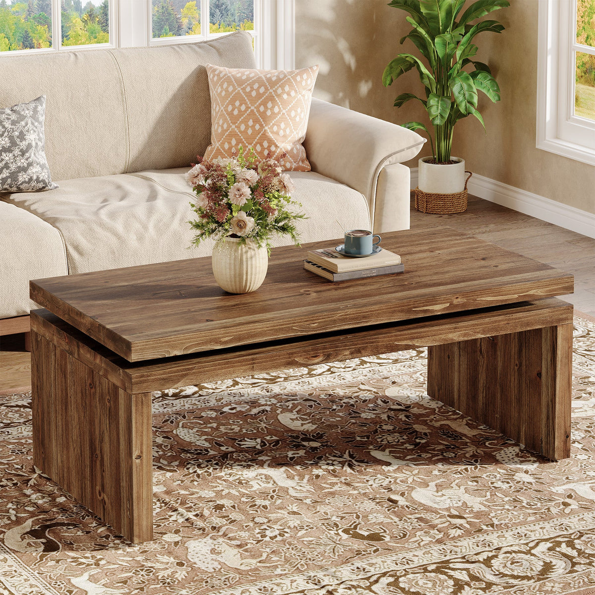 47" Solid Wood Coffee Table, Farmhouse Rectangle Cocktail Table with Thick Tabletop for Living Room