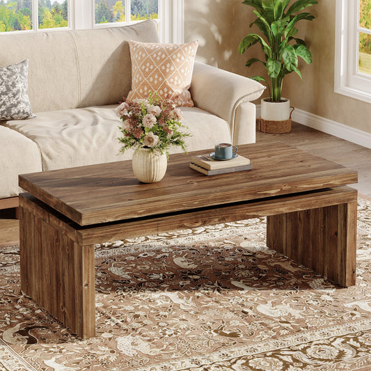 47" Solid Wood Coffee Table, Farmhouse Rectangle Cocktail Table with Thick Tabletop for Living Room