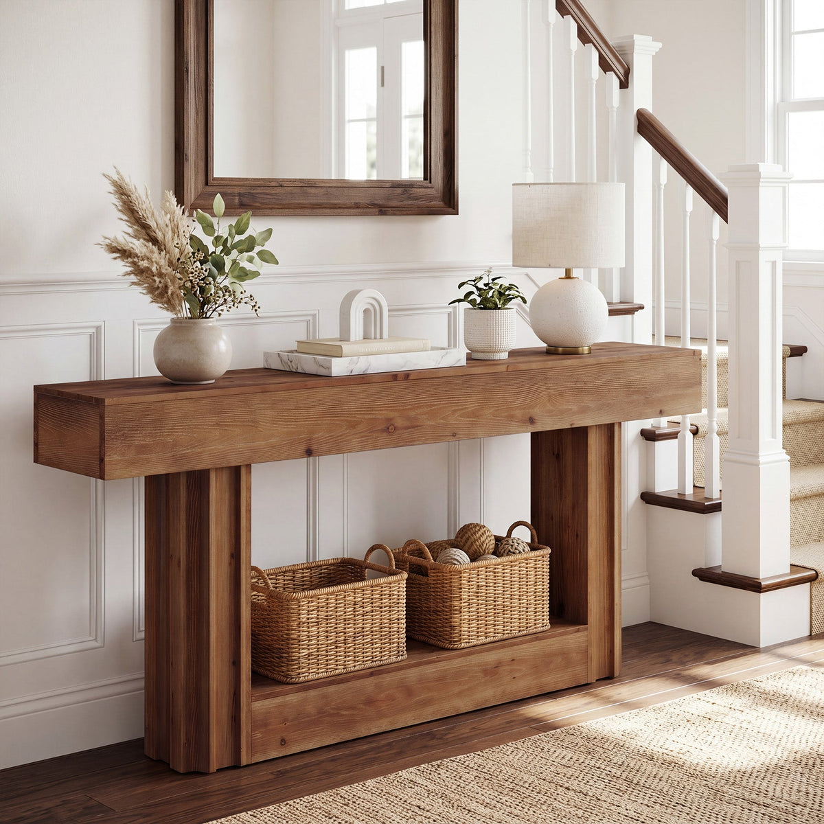 63" Solid Wood Console Table, 2-Tier Farmhouse Sofa Entryway Table with Shelf