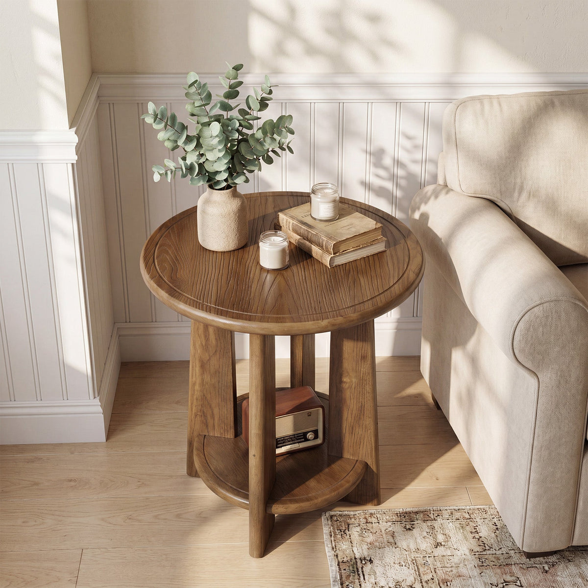 Round Solid Wood End Table, 2-Tier Side Table Nightstand with Shelf for Small Space