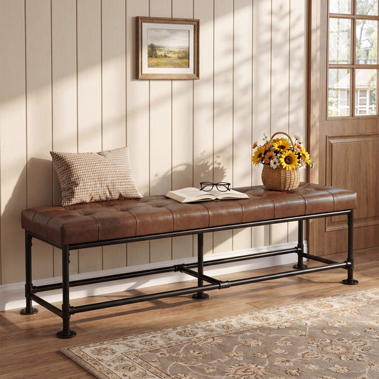 63" Upholstered Entryway Bench with Faux Leather Cushion, Industrial Shoe Bench for Hallway, Foyer & Living Room