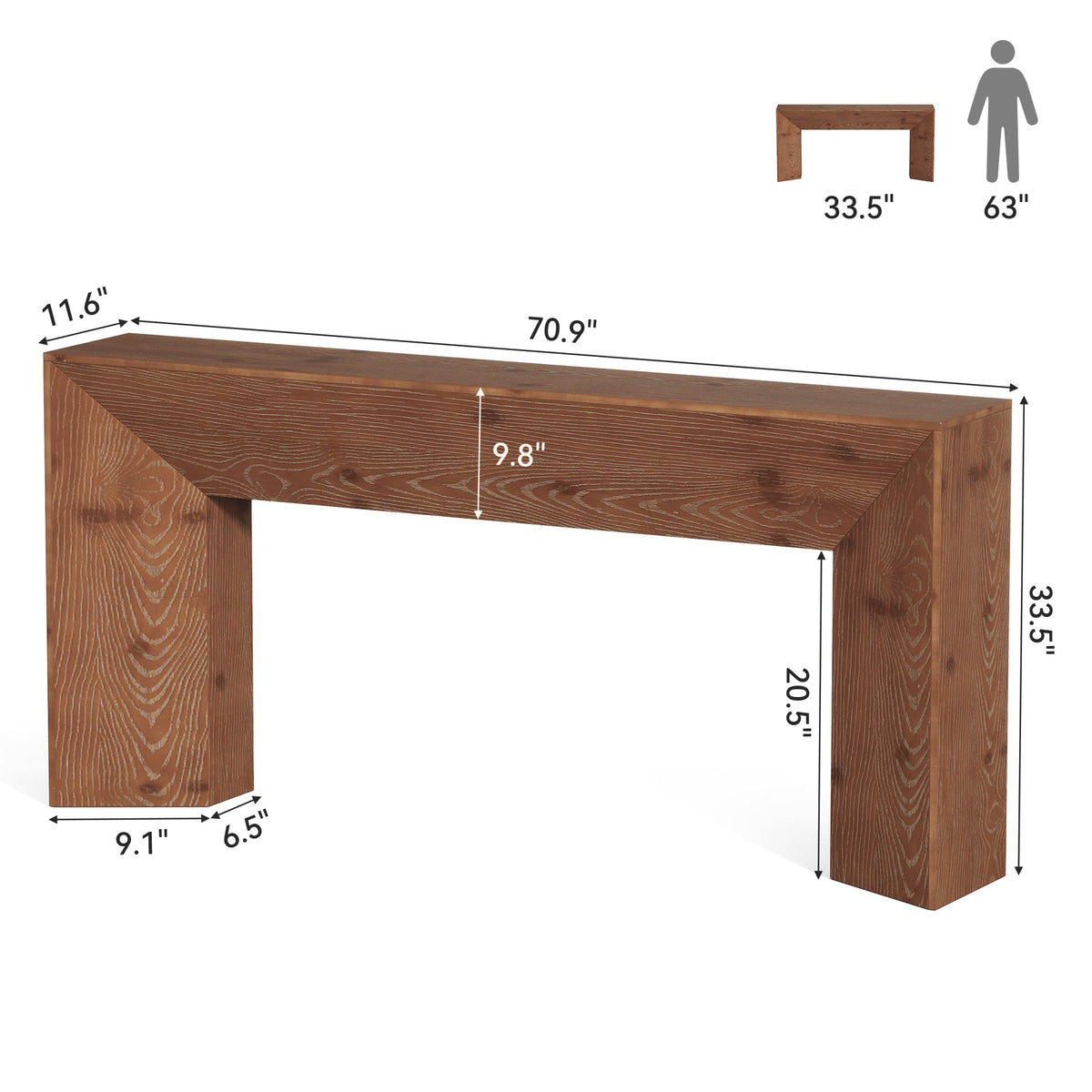 70.9" Solid Wood Console Table, Farmhouse Entryway Table with Hidden Back Storage for Hallway