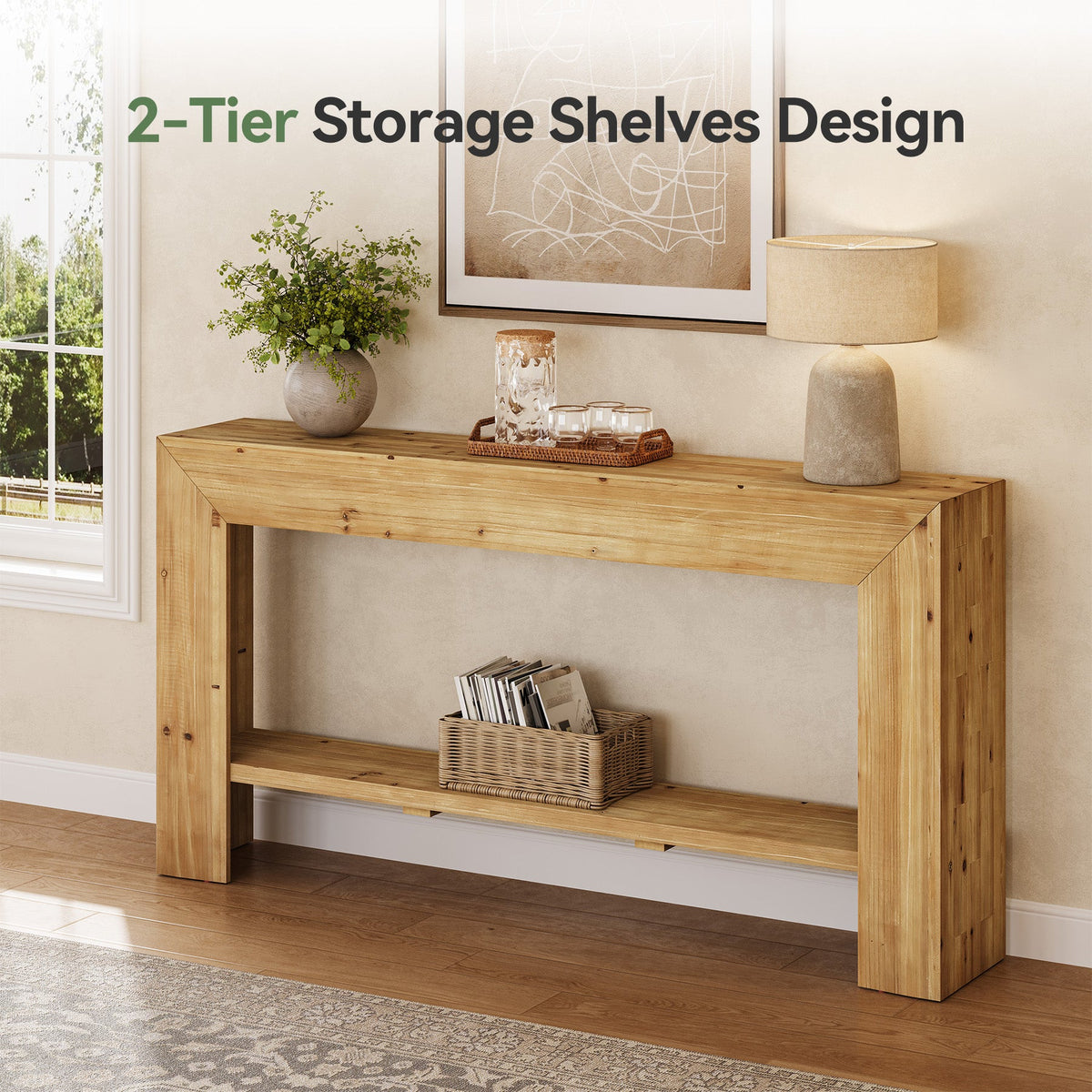 63" Solid Wood Console Table, Narrow Entryway Table with Storage