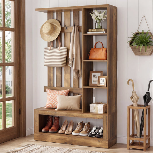 4-In-1 Farmhouse Hall Tree, 70.87" Entryway Coat Rack with Storage Bench