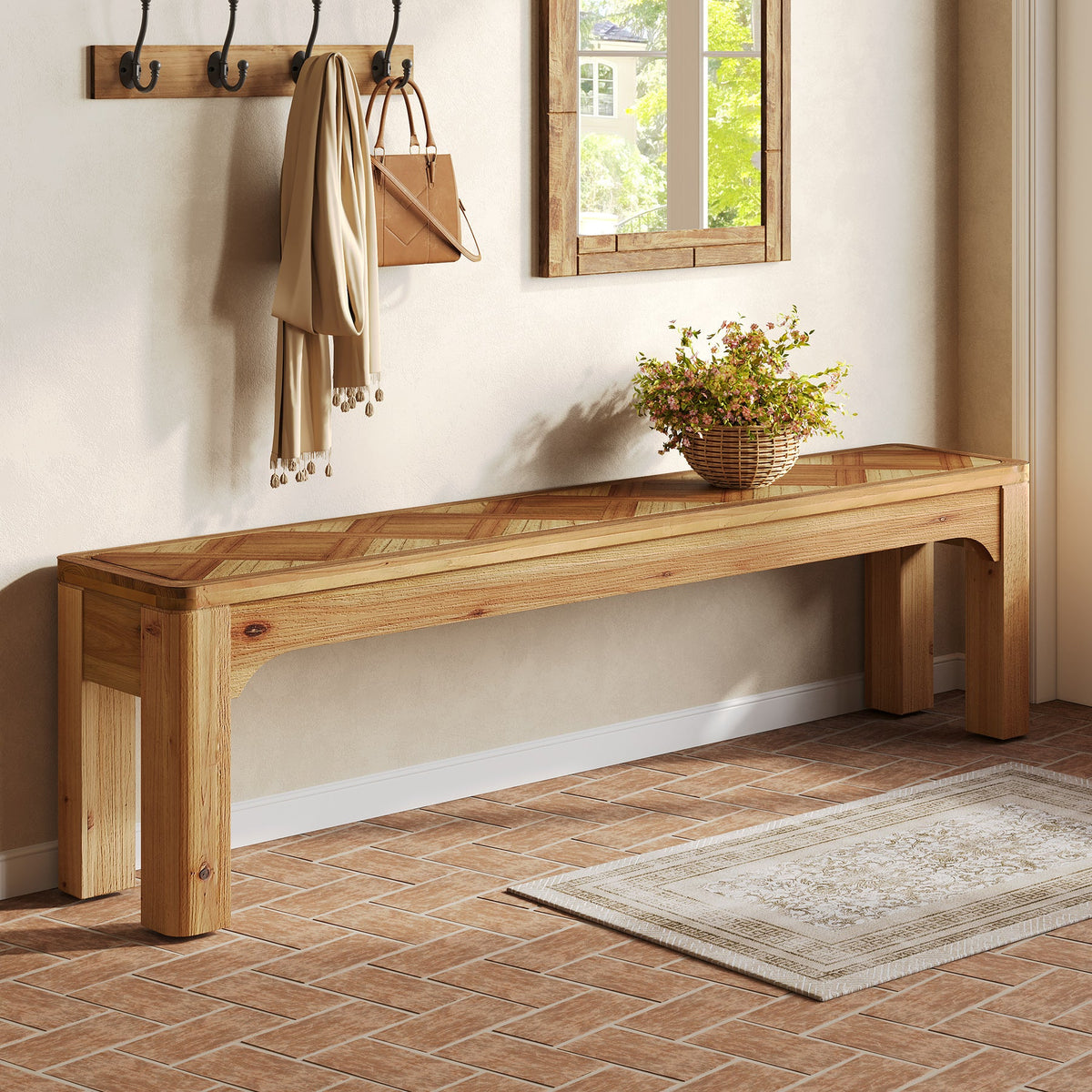 Solid Wood Shoe Bench, 63" Long Entryway Bench with 3D Textured Tabletop