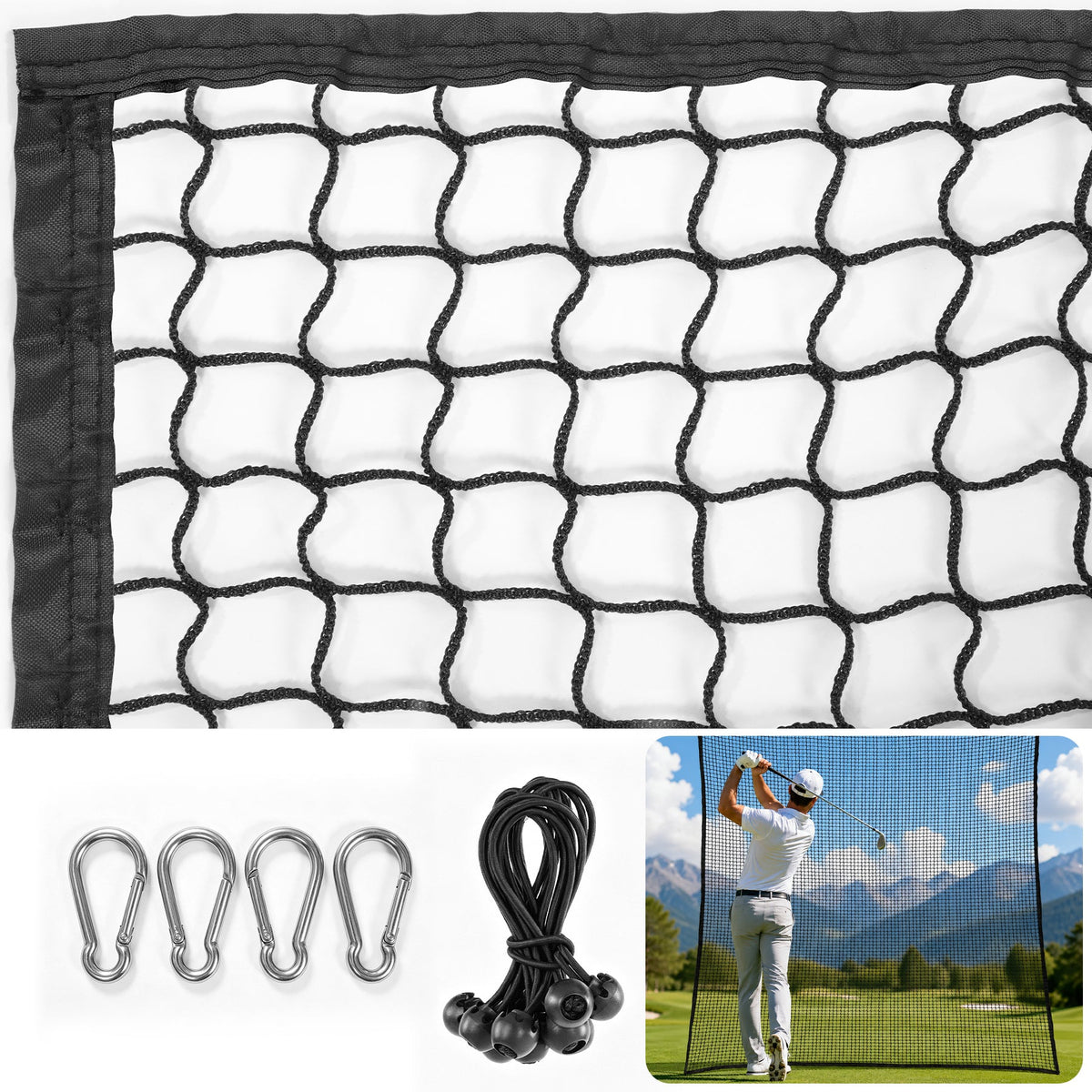 Sports Netting, Nylon Golf Net 10x10, High Impact Golf Practice Net for Backyard, 4 Hooks & 12 Bungee Cords