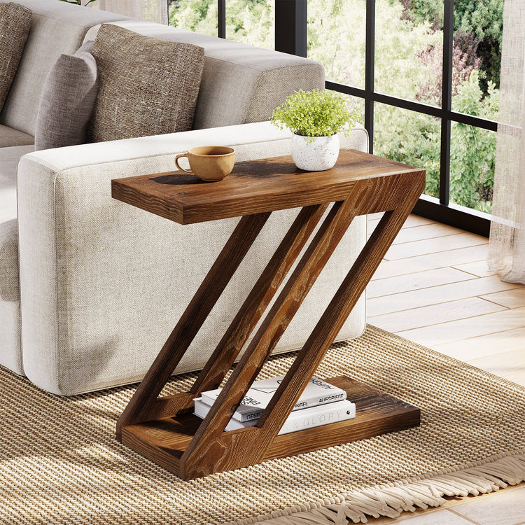 Solid Wood End Table, Z-Shaped Side Table with 2-Tier Storage