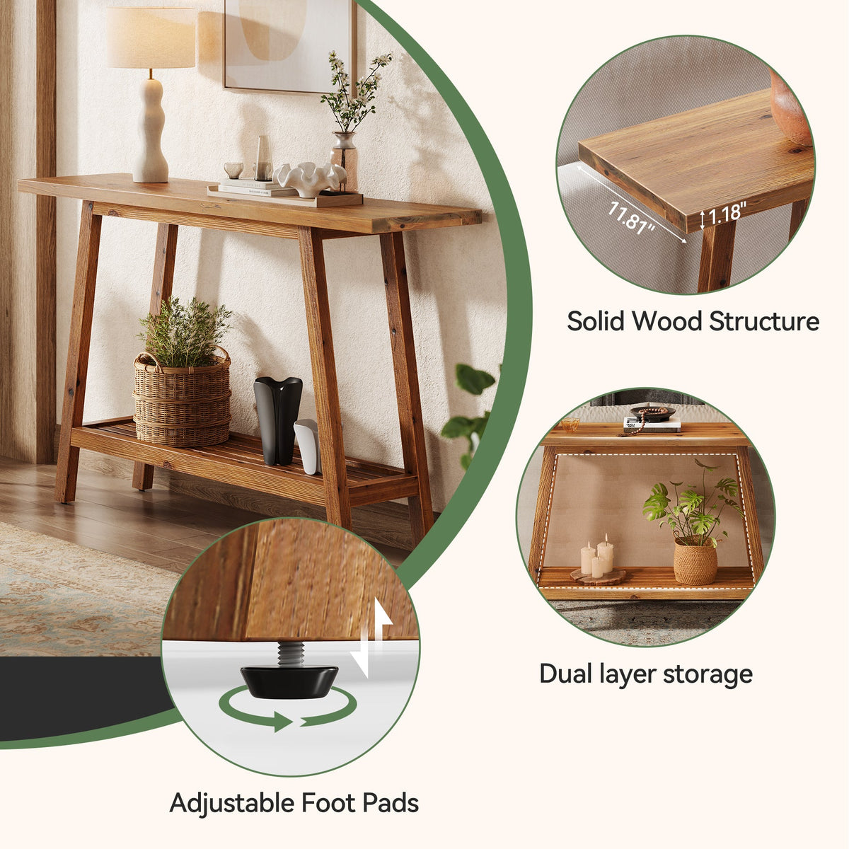 2-Tier Solid Wood Console Table, 41.3" Entryway Table with Storage Shelf