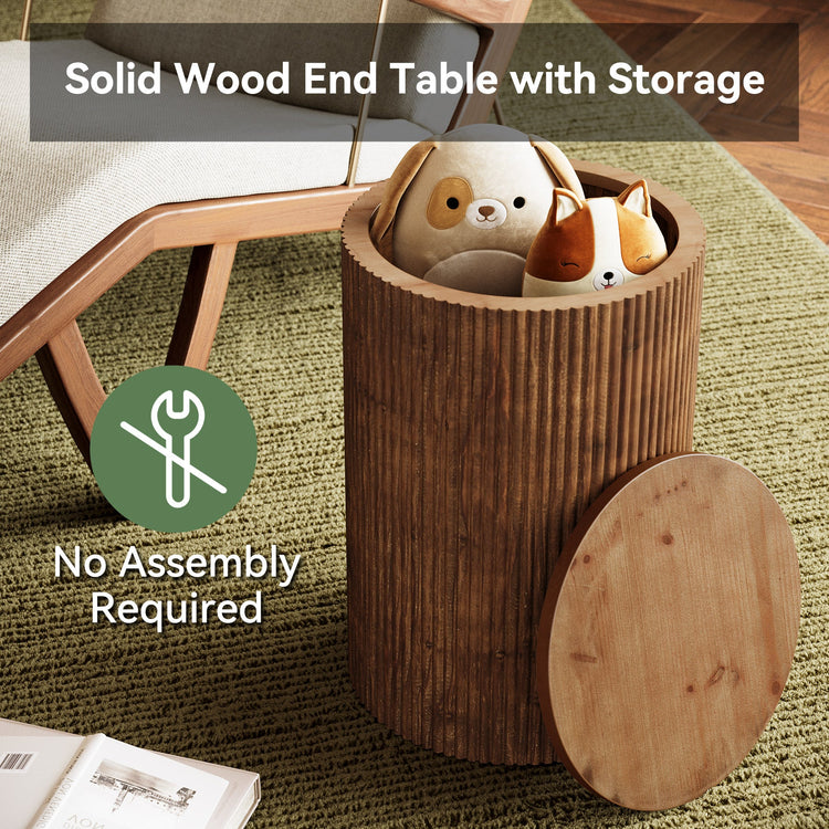 Solid Wood Round Side Table, No-Assembly Fluted End Table with Storage & 4 Wheels