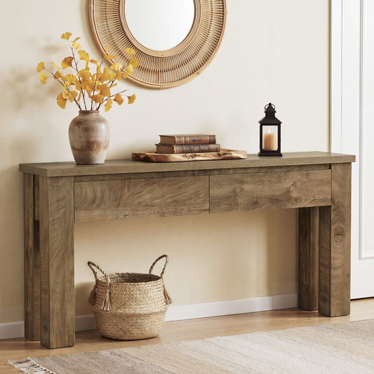 63" Console Table with 2 Drawers, Farmhouse Entryway Sofa Table Behind Couch