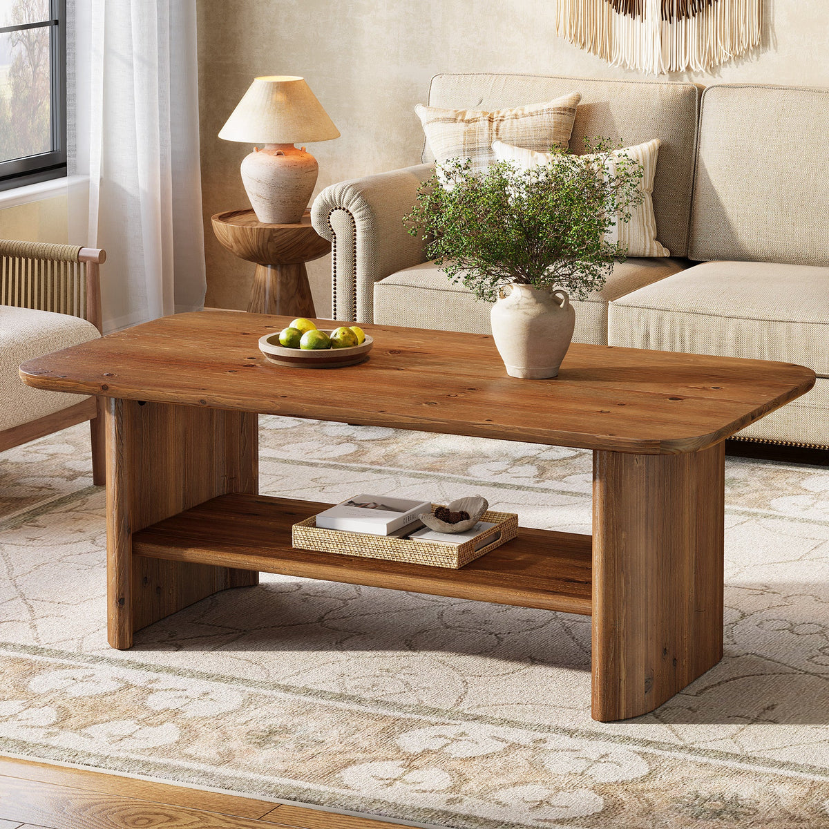 47" Solid Wood Coffee Table, Rectangle Center Table with 2-Tier Storage