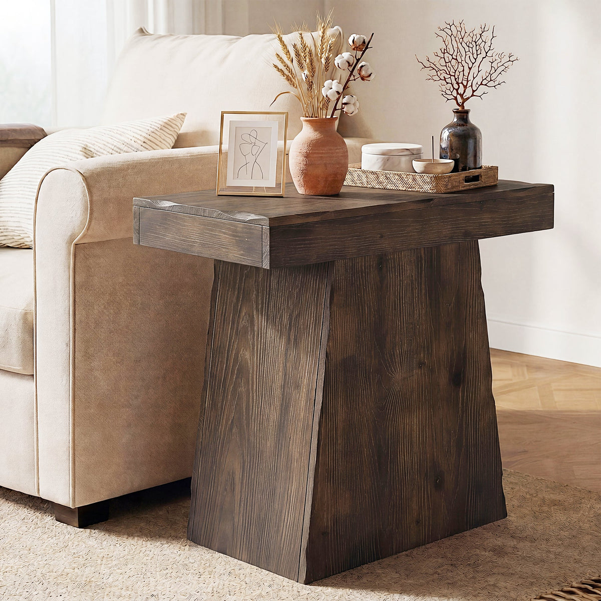 Tribesigns 23.6-Inch Solid End Table, Stable Wood Side Table with Trapezoid Base for Living Room and Small Space