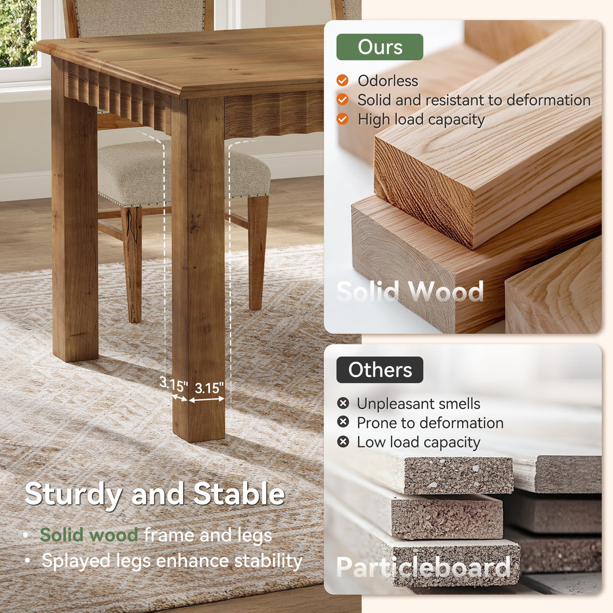 63" Solid Wood Dining Table, Rectangular Kitchen Dinner Table for 4-6