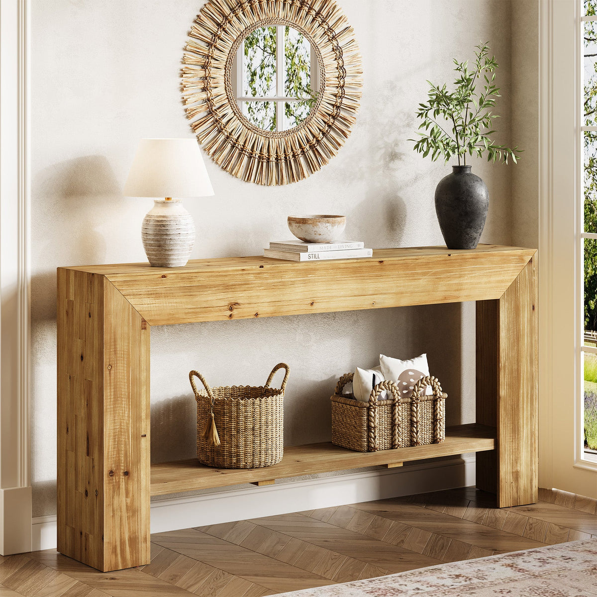 63" Solid Wood Console Table, Narrow Entryway Table with Storage