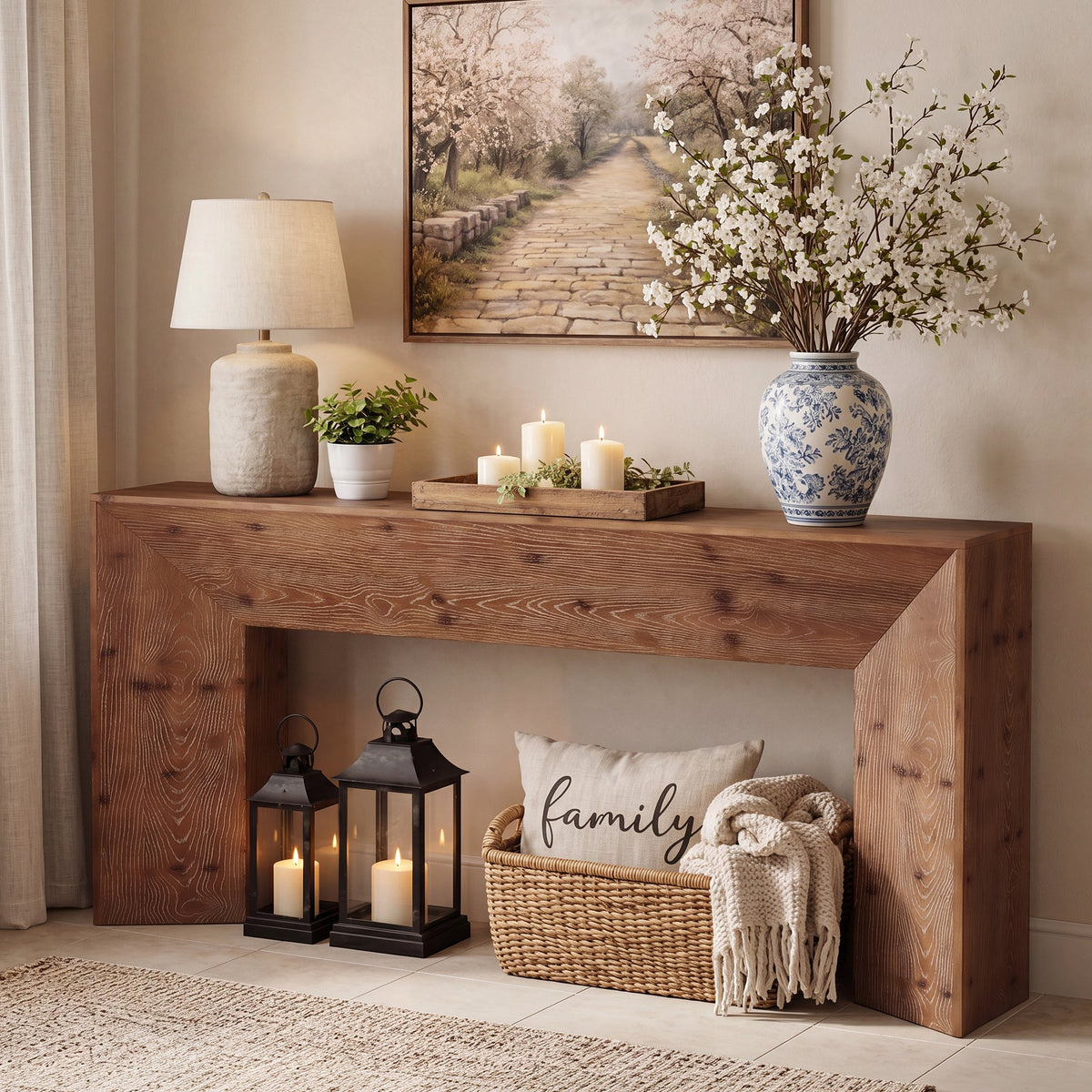 70.9" Solid Wood Console Table, Farmhouse Entryway Table with Hidden Back Storage for Hallway