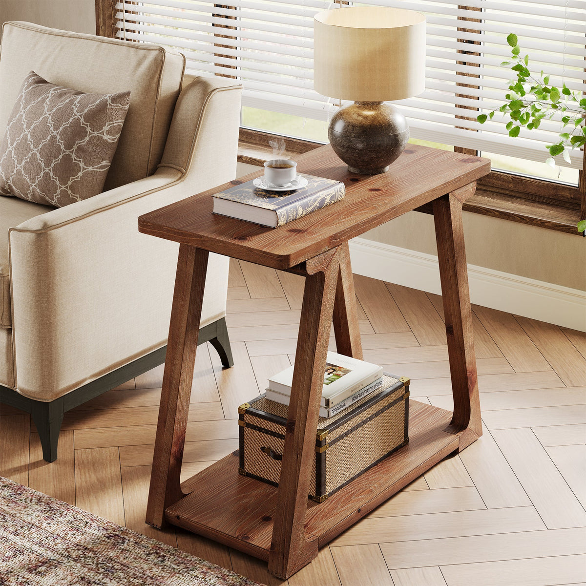 Solid Wood End Table, Narrow Side Table Nightstand with 2-Tier Storage