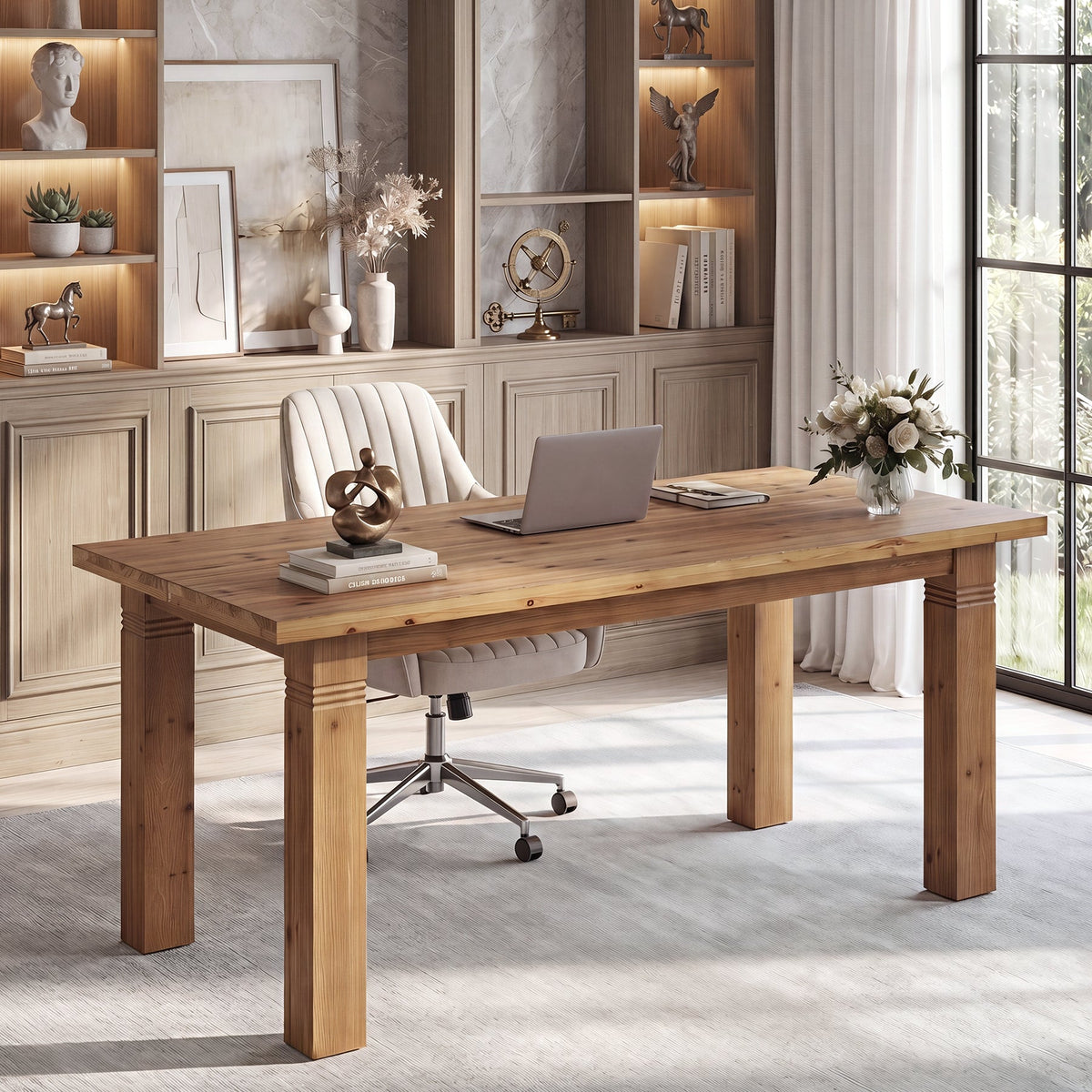 63" Solid Wood Computer Desk, Farmhouse Executive Desk with Heavy-Duty Legs