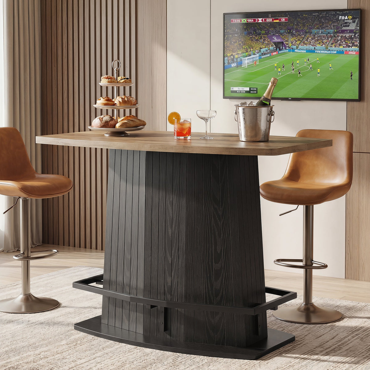 47" Bar Table, Industrial Counter Height Pub Table with Fluted Pedestal Base