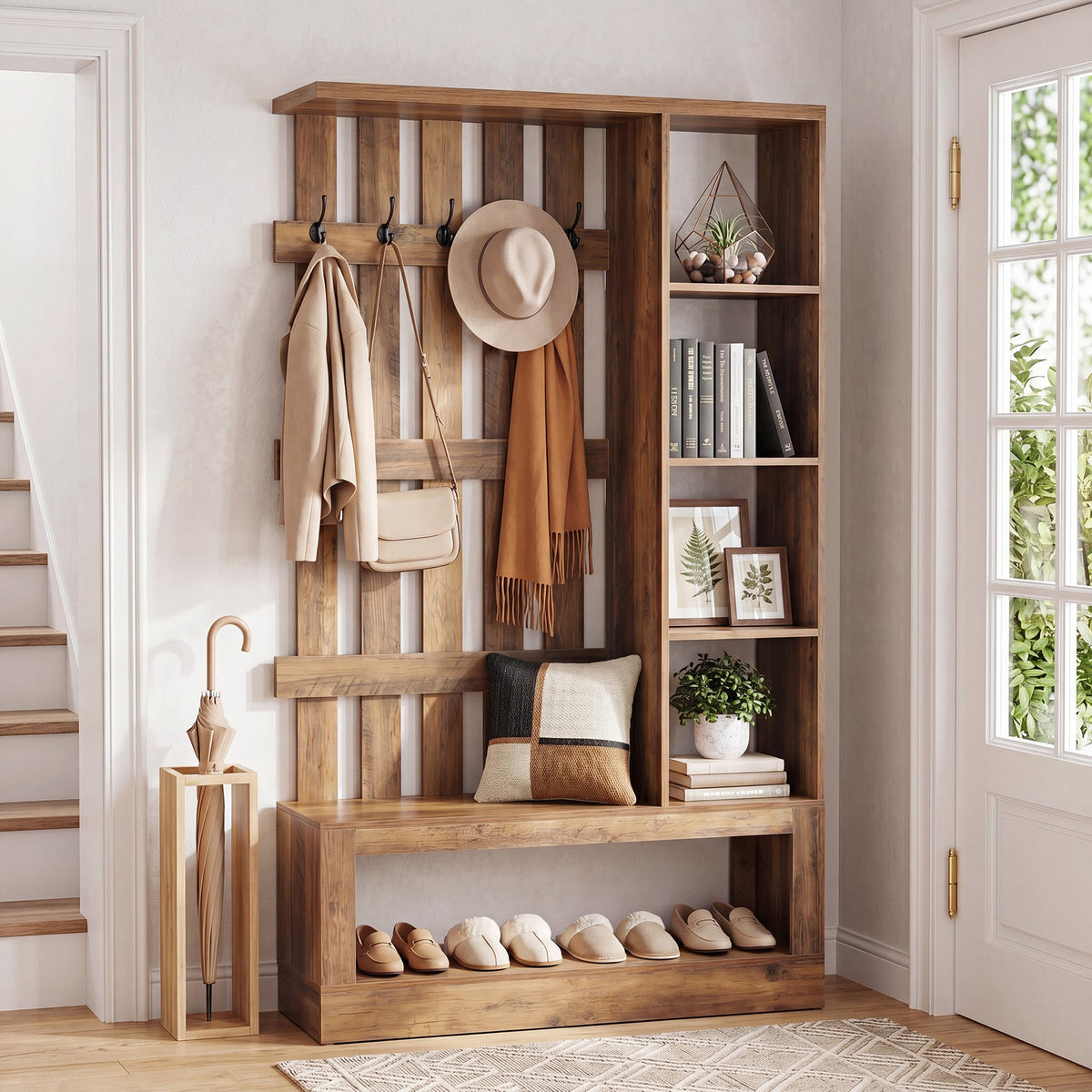 4-In-1 Farmhouse Hall Tree, 70.87" Entryway Coat Rack with Storage Bench