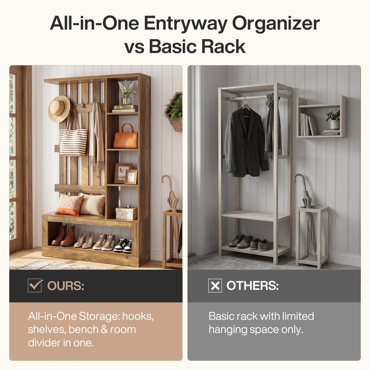 4-In-1 Farmhouse Hall Tree, 70.87" Entryway Coat Rack with Storage Bench