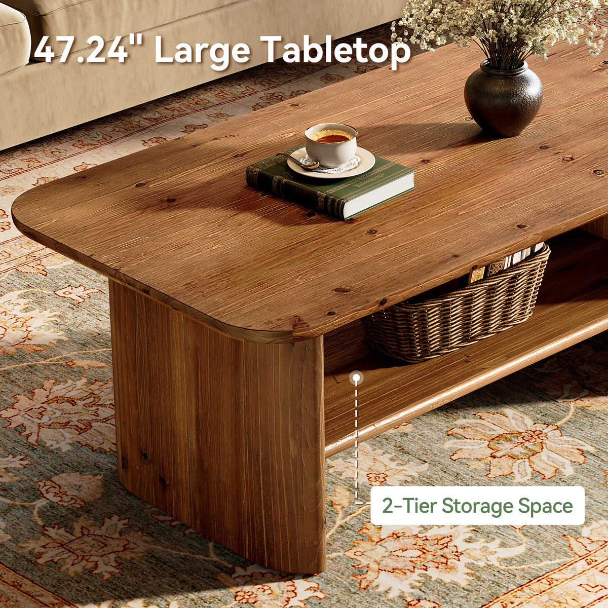 47" Solid Wood Coffee Table, Rectangle Center Table with 2-Tier Storage