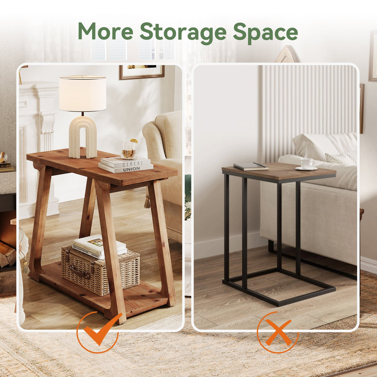 Solid Wood End Table, Narrow Side Table Nightstand with 2-Tier Storage