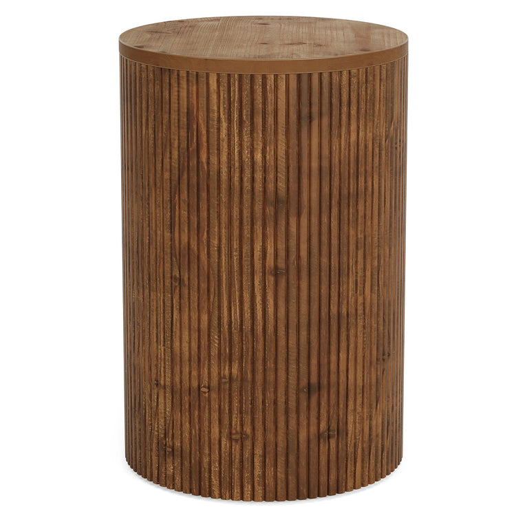 Solid Wood Round Side Table, No-Assembly Fluted End Table with Storage & 4 Wheels