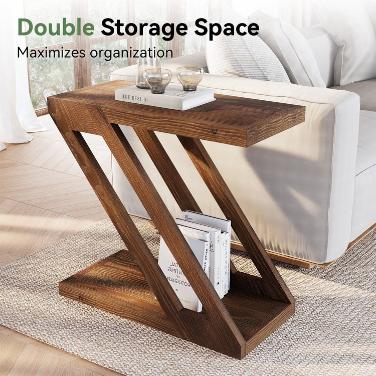 Solid Wood End Table, Z-Shaped Side Table with 2-Tier Storage