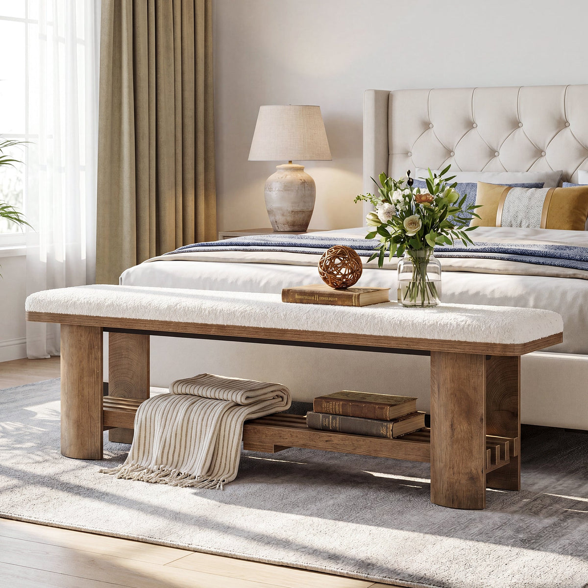 62.9" End of Bed Bench with Faux Lamb Wool Cushion for Bedroom