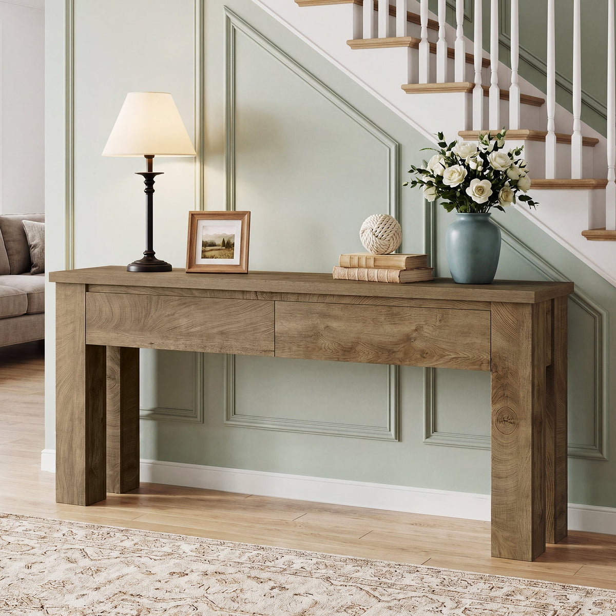 63" Console Table with 2 Drawers, Farmhouse Entryway Sofa Table Behind Couch