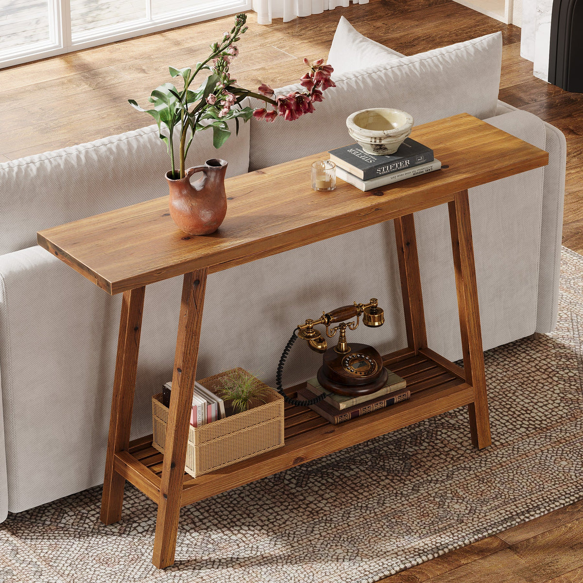 2-Tier Solid Wood Console Table, 41.3" Entryway Table with Storage Shelf
