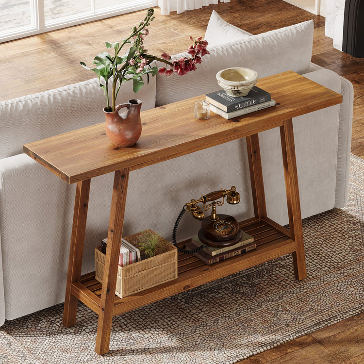 2-Tier Solid Wood Console Table, 41.3" Entryway Table with Storage Shelf