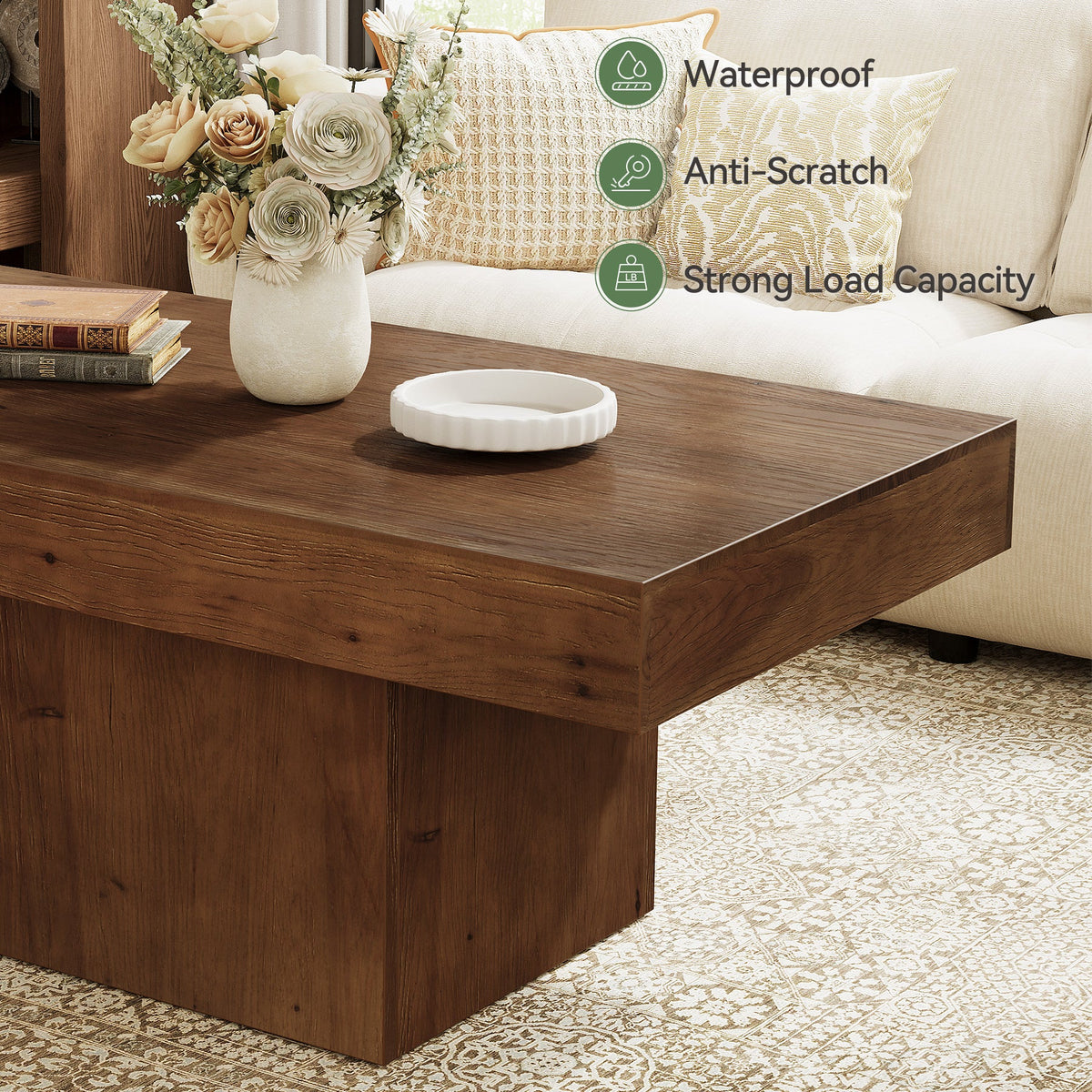 47.24" Solid Wood Coffee Table, Rectangle Center Table with Sturdy Pedestal