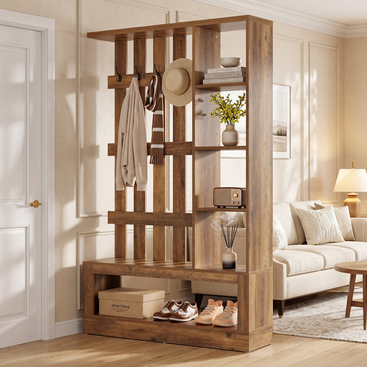 70.9'' Wall Room Divider With Shelves, Freestanding Wall Partition With Coat Rack